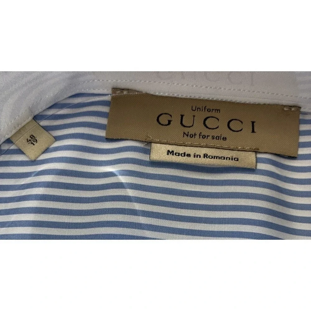 Gucci Shirt Men's 19 48 Blue Striped White Collar Poplin Button Up Uniform NEW